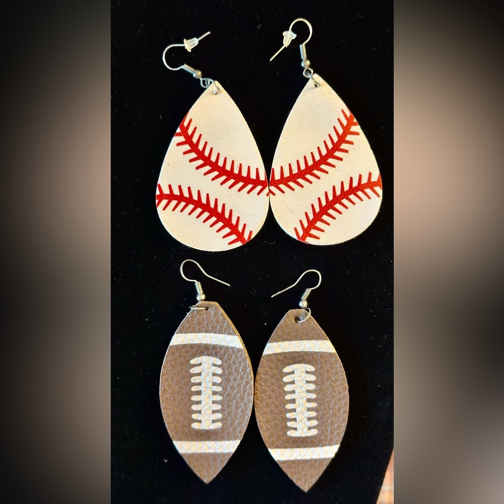 Baseball and Football Leather Dangle Wire Pierced Earrings. Handmade